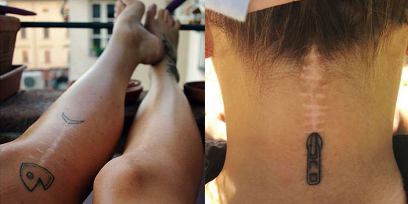 Тату на шрамах в виде застежки на шее и роге Тату на шрамах в виде застежки на шее и роге